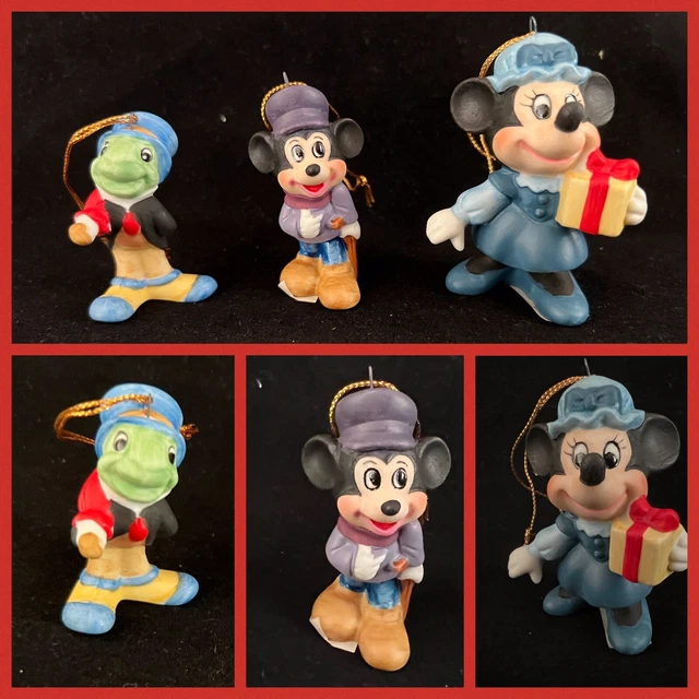 LOT 3 Vintage Disney PARK Mickeys CHRISTMAS CAROL Ornaments HTF Japan 1982 Bisqu