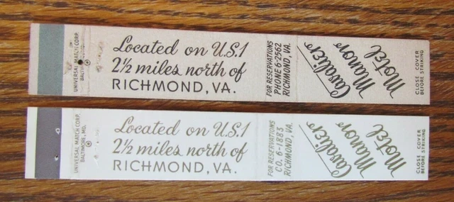 Cavalier Manor Motel (Richmond, Virginia) 10 Strike Matchbook Matchcovers -F28