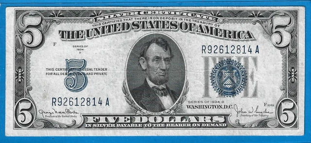 1934 D $5 Silver Certificate,Blue Seal,Circ VF,Nice!