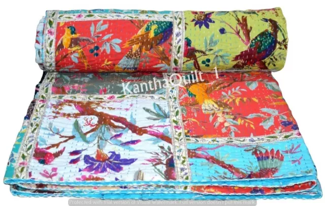 Vintage Patchwork Kantha Bedspread Indian Handmade Quilt Throw Cotton Blanket
