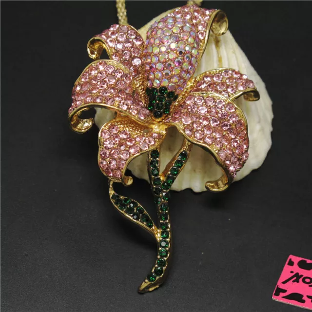 New Betsey Johnson Pink Bling Flower Rhinestone Crystal Pendant Chain Necklace