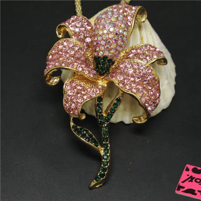 New Holiday gifts  Pink Bling Flower Rhinestone Crystal Pendant Chain Necklace