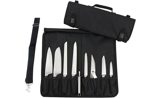 Tosnail Chef Knife Case Roll Bag w 15 Slots, Easy Carry Handle & Shoulder Strap