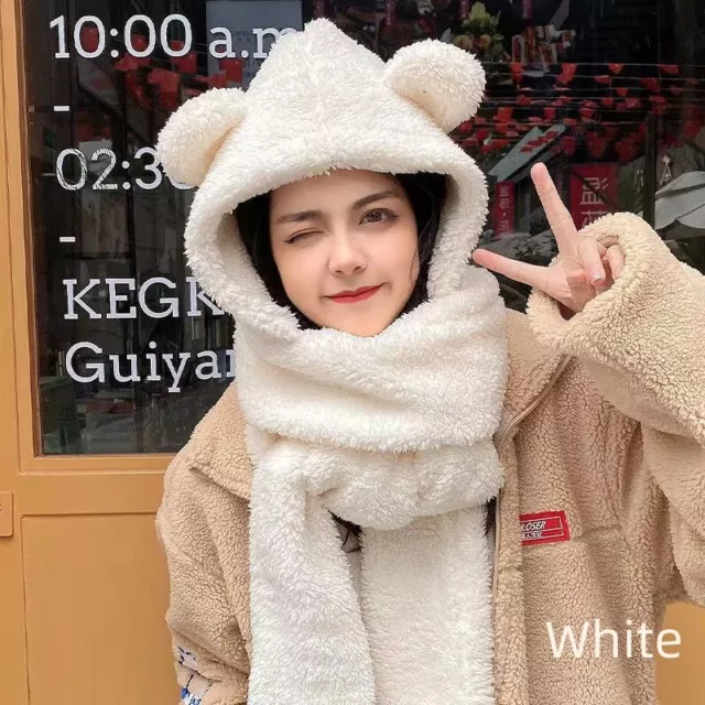 Cute Hat Scarf Gloves 3 In 1 Set Bear Ear Fleece Winter Warm Hooded Earflap Girl