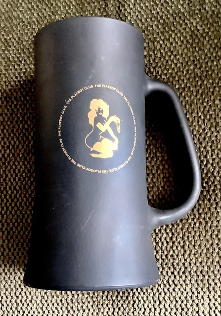 Vintage Playboy Club Black Glass Beer Stein Mug Embossed Bunny Logo Tankard Cup