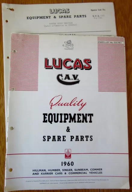 Lucas Spare Parts List 1960 HILLMAN/HUMBER/SUNBEAM etc