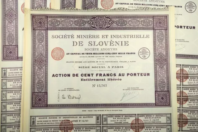 Societe Miniere Et Industrielle De Slovenie Action De 100 Francs Paris 1928 X 35