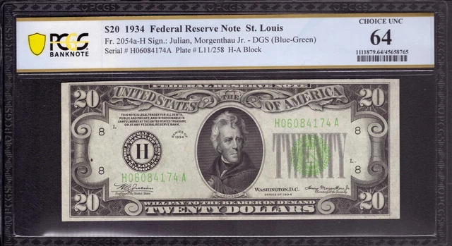 1934 $20 Federal Reserve Note St Louis Fr.2054-H Dgs Pcgs B Choice Unc Cu 64