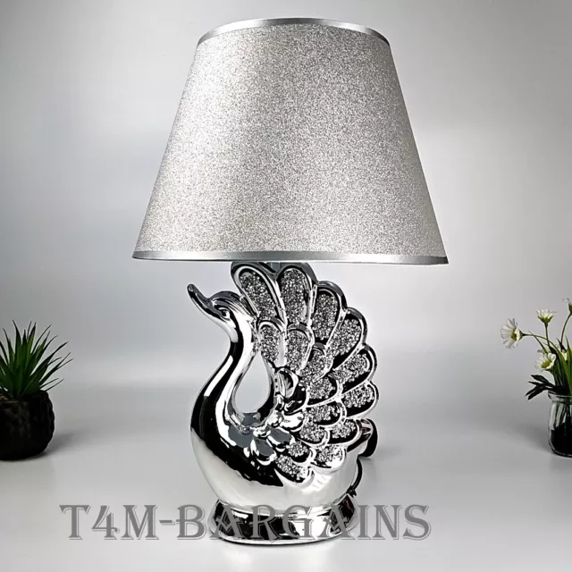 Table Lamp With Shade Crushed Diamond Ceramic Base Silver Sparkling Bedside LED 2