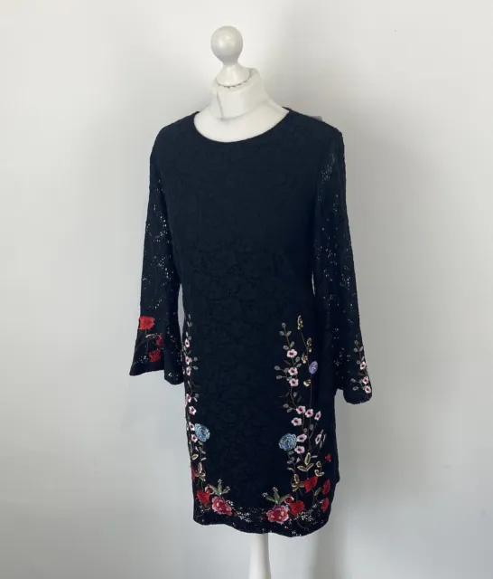 Desigual Vermond Kleid schwarz Spitze Blumenmuster bestickt Gr. 12 UK Damen