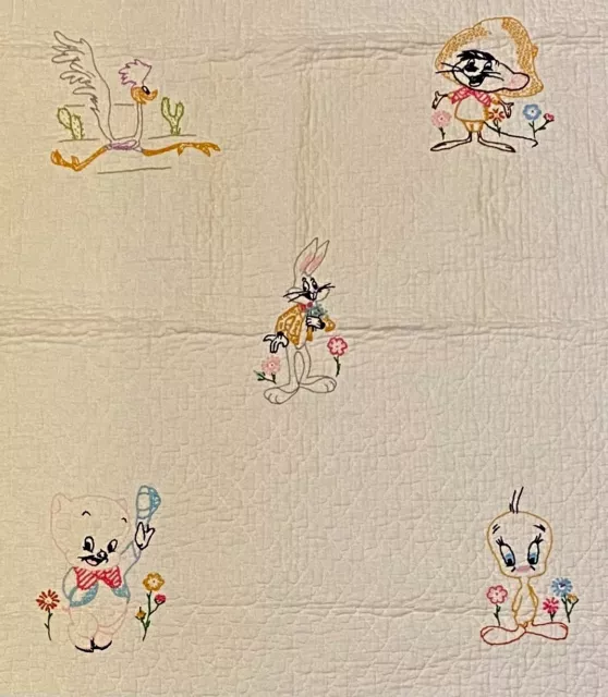 Handmade Embroidered Baby Quilt Looney Tunes Speedy Bugs Porky Tweety Road Runne