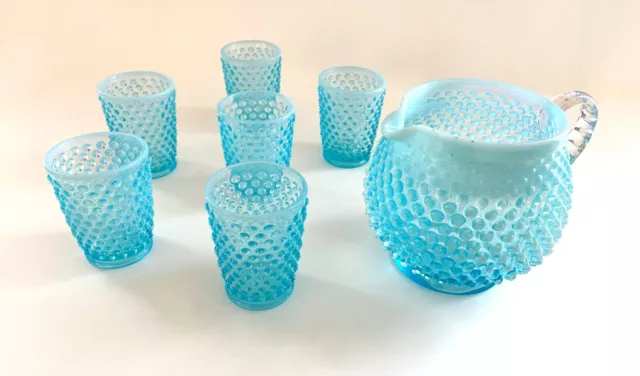 GORGEOUS! Vintage Fenton Aqua Blue Opalescent Hobnail Pitcher and Glasses Set