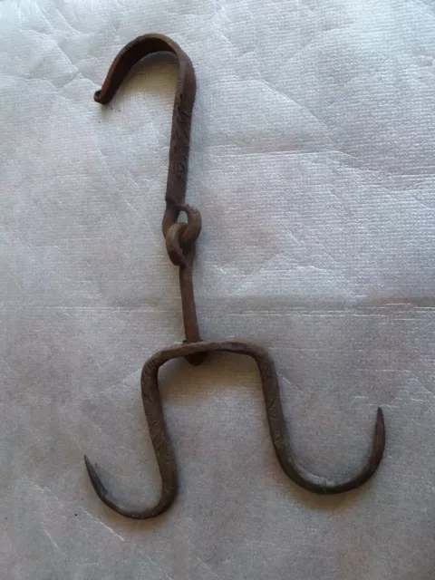 ANTIQUE WROUGHT IRON MEAT PIVOT FIREPLACE SKINING HOOK  HAND FORGED  19century