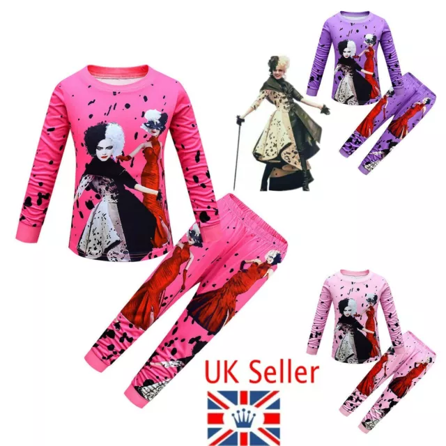 Girls Cruella Costume Tops Pants Pyjamas Pajamas PJs Outfit Clothes Kids Gift
