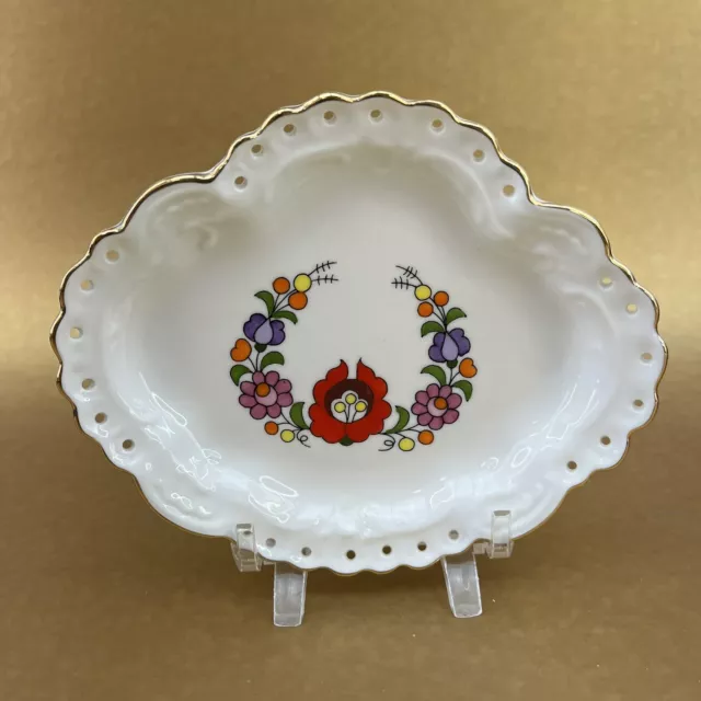 Kalocsa Hungary Handpainted 5.5” Pierced Trinket Dish Floral Gold Edge Vintage