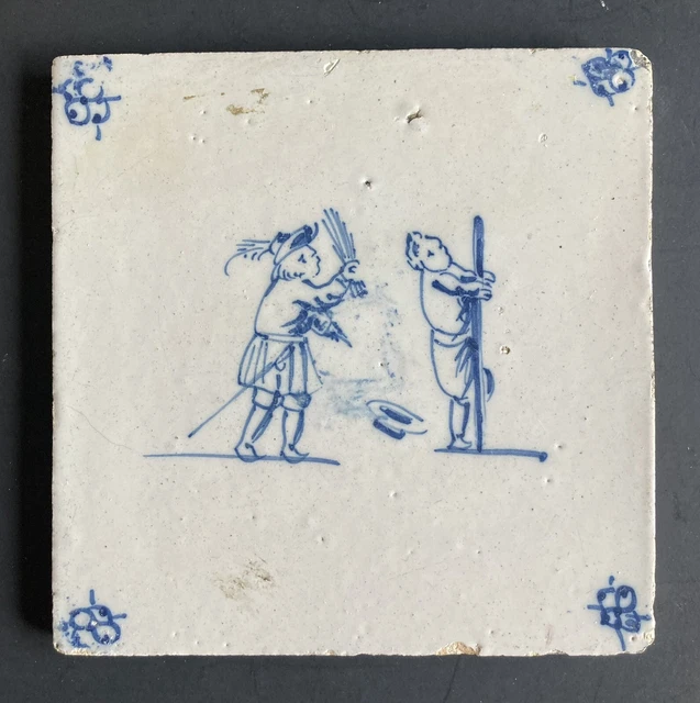 Antique 17th Century Early Dutch Delft Tile with Figures Circa 1600’s