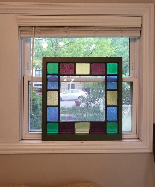 Vtg Antique Salvage Large Multi-Color Multi-Panel Window Clear Center Panel