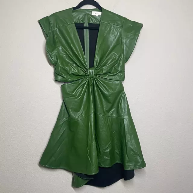 ALC 12 LEXI Shift Mini Dress Green Faux Leather V Neck Cut Out Short ...