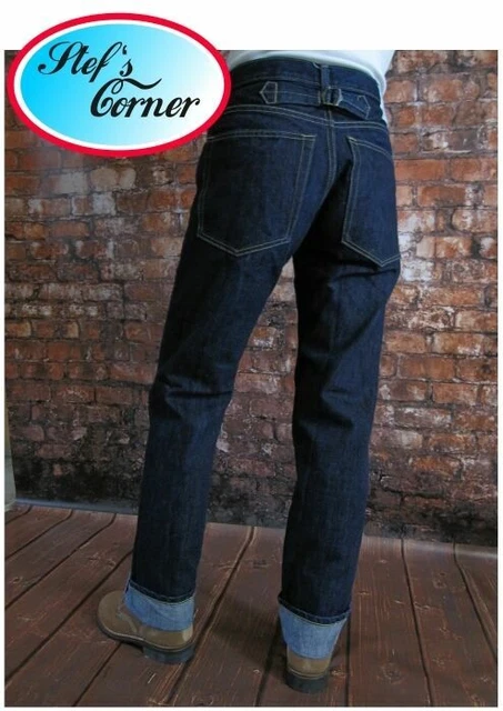 Quartermaster Naval Denim Jeans - 30s & 40s Style Heavy Duty Work Trousers, 6-Pocket, Cinch Back, Straight Leg