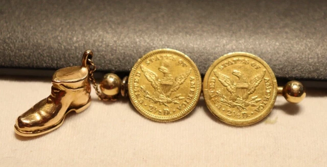 (2) 1870's US 2 1/2 Liberty Gold Piece Pin with Etched Boot Charm 12.7 Grams