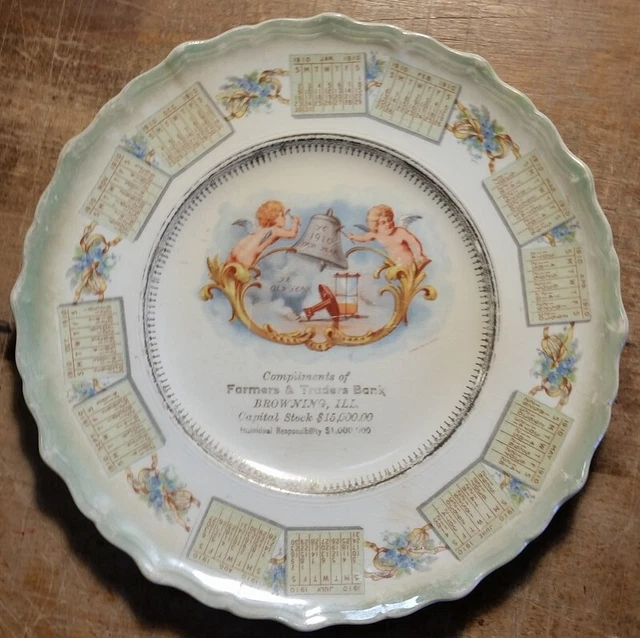 1910 Advertising Calendar Plate Farmers and Traders Bank Browning IL Cherub