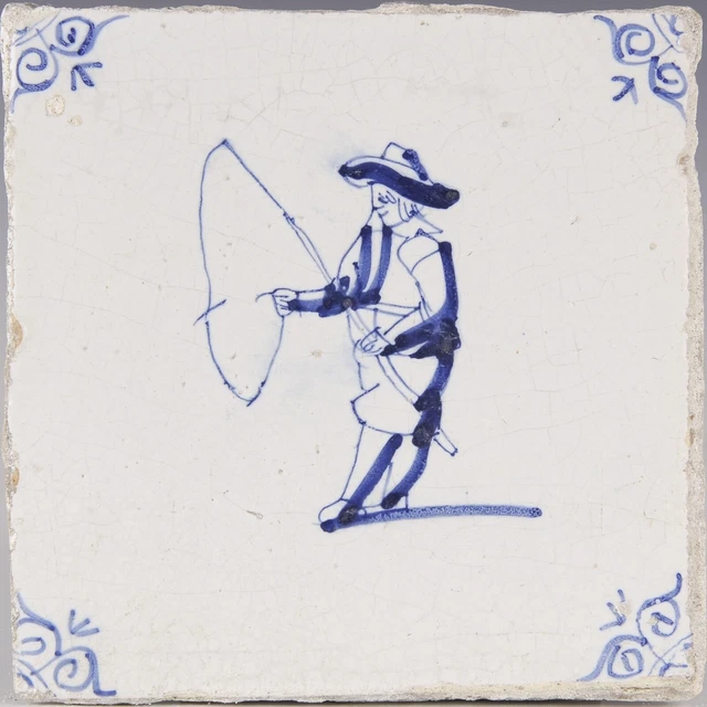 Nice Dutch Delft Blue tile, fisherman 17th century