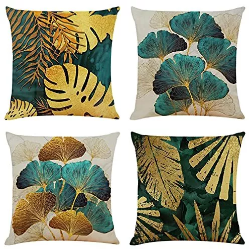 Cushion Covers 45 X 45 Set of 4 Teal and Gold Leaves Cushion Cover 18X18 Cases