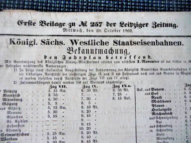 RRR Leipziger ZEITUNG 29.10.1862 komplett königlich Sächsische Staatsbahnen