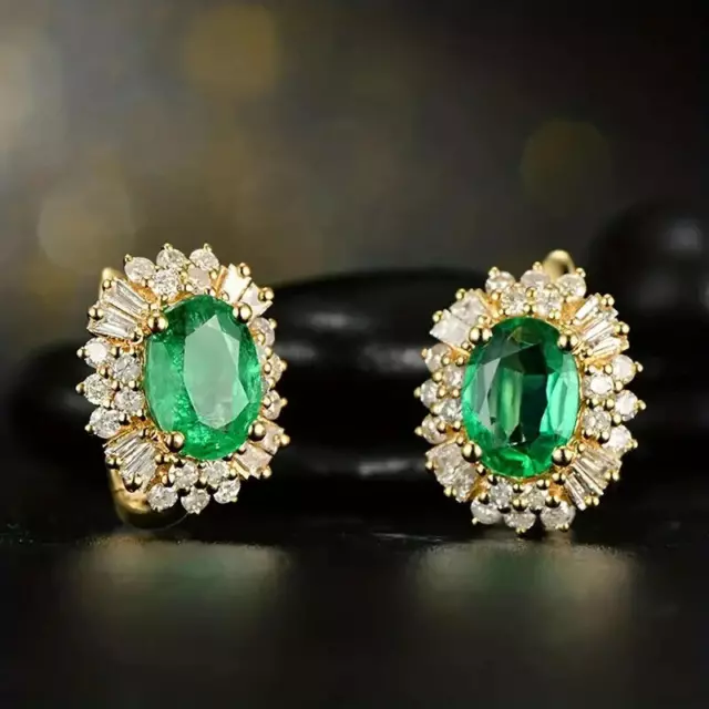 LAB CREATED EMERALD & Diamond Hoop Women Earrings in 14K Yellow Gold ...