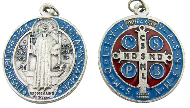 Silver Toned Base Red Light Blue Enamel Saint St Benedict Metal Pectoral Charm