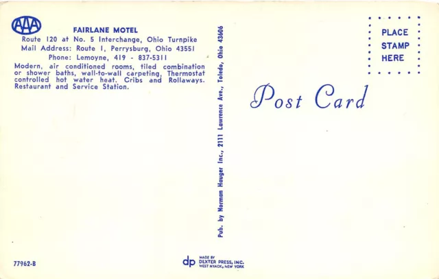 Perrysburg Ohio 1950s Postcard Fairlane Motel Wood County 2