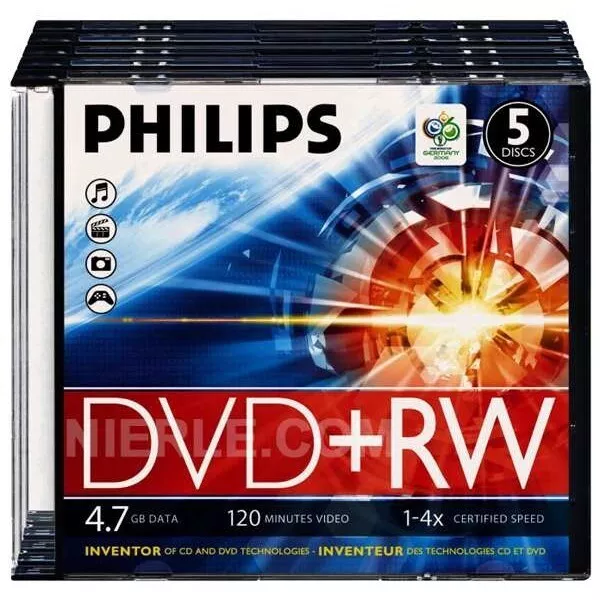 Dvd+Rw 4,7Gb / 120Min Philips Écriture 4X Réinscriptible - Pack De 5 Dvd+Rw