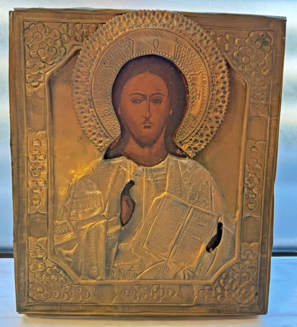 antike Ikone * Oklad * Messing Christus * 35 x 31 cm * Russland