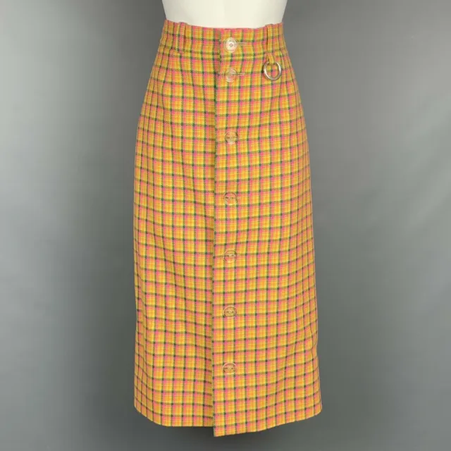 BALENCIAGA FW 2018 US 4 / FR 36 Yellow Check Print Wool High Waisted Midi Skirt