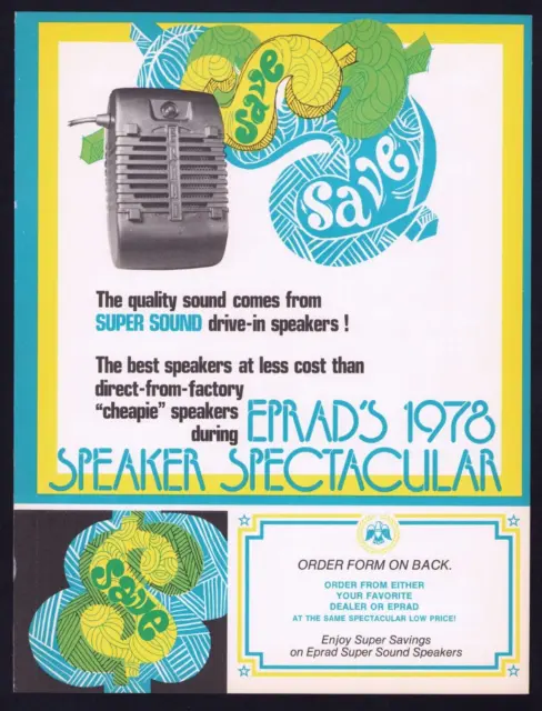 EPRAD Drive-In Movie Theater Speaker Ad Sheet 1973 Trade Theatre Groovy Poster