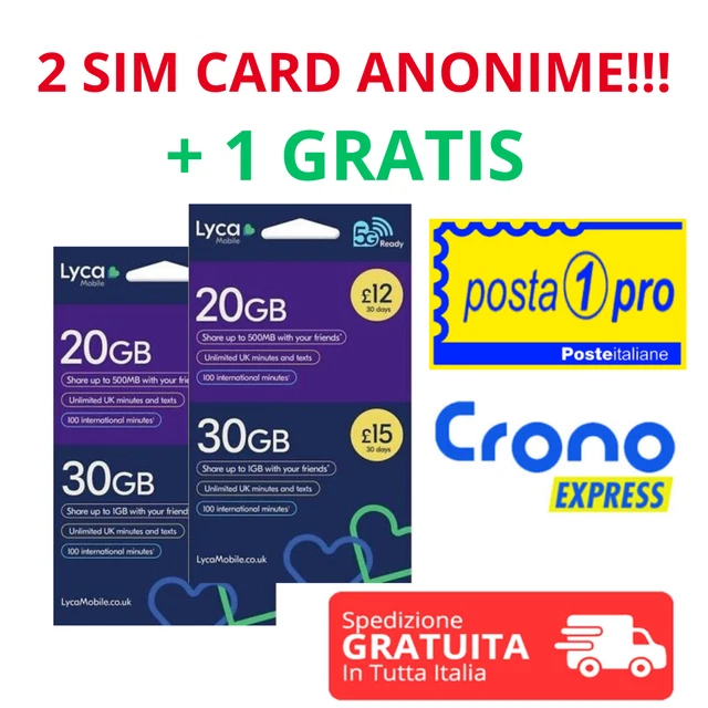 2 Sim card anonime LYCAMOBILE UK 100% LEGALE, ricaricabile No canone mensile.