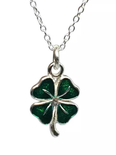 Clover Lucky Necklace Four Leaf Clover Green Enamelled 18" Chain 925 Silver Box