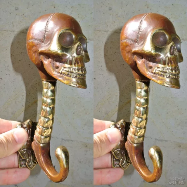 2 SKULL head 7" long WALL HOOK heavy BRASS old style look SCREW wall hang B