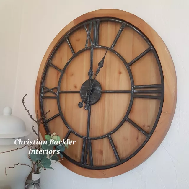 Large Wooden WALL CLOCK Metal Skeleton Clockface Rustic Oak Effect Choose Size