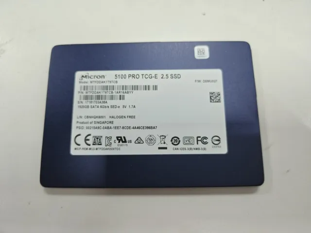Micron 5100 PRO TCG-E Series 1.92TB SATA 2.5in 6Gb/s SSD MTFDDAK1T9TDD inc VAT