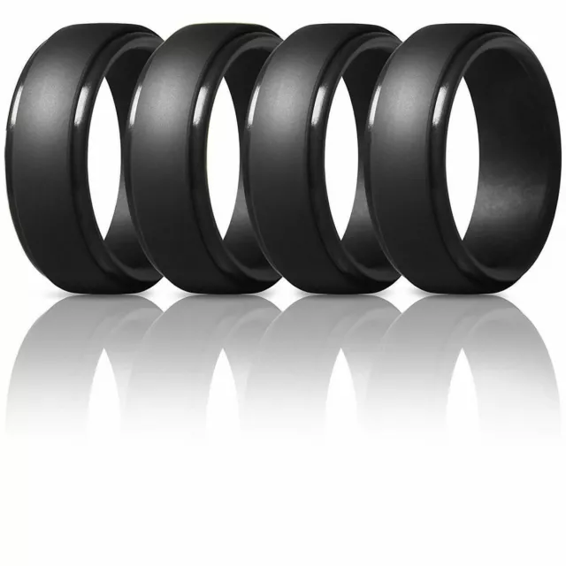 4pcs 8mm Black Silicone Wedding Rings for Mens Step Edge Rubber Wedding Bands