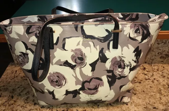 Designer Kate Spade Tote Floral Black, Gray, Ecru