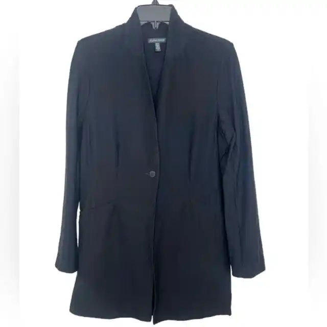 Eileen Fisher Black Tencel Ponte Stand Collar Longline Blazer Jacket Size Small