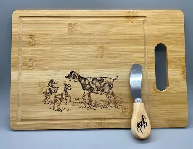Custom Made Nubian Goat Family Cutting Board with matching Cheese Knife