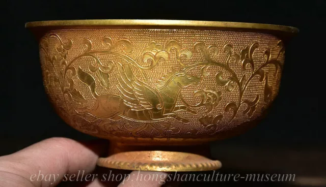 5" Old Chinese Bronze 24K Gold Gilt Wing Fly Horse Pattern Round Vessel Bowl Cup