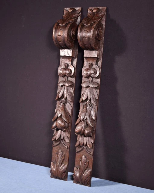 *Pair of 25" Tall French Antique Solid Oak Wood Trim Posts Salvage Highly Carved