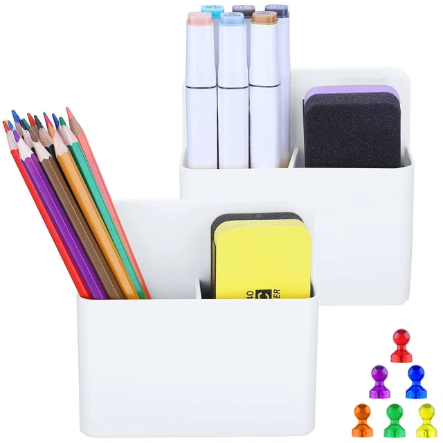 2 Pack Magnetic Dry Erase Marker Holders with Magnetic Push Pins, White
