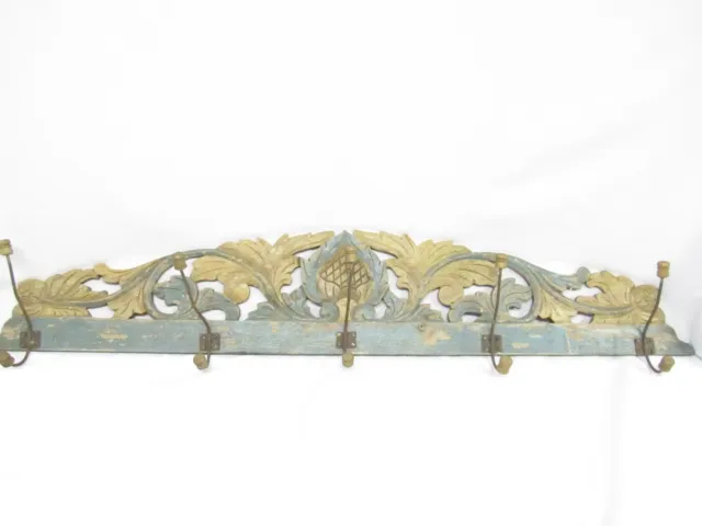 Vintage Antique Carved Pediment  Wooden  Coat Rack Chippy Paint French Country