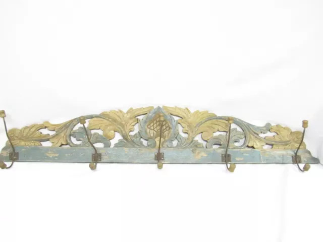 Vintage Antique Carved Pediment  Wooden  Coat Rack Chippy Paint French Country