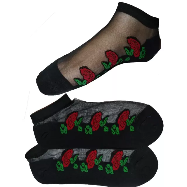 Ladies Rose Black Socks Cute Transparent Crystal Silk Lace Elastic Short Wear